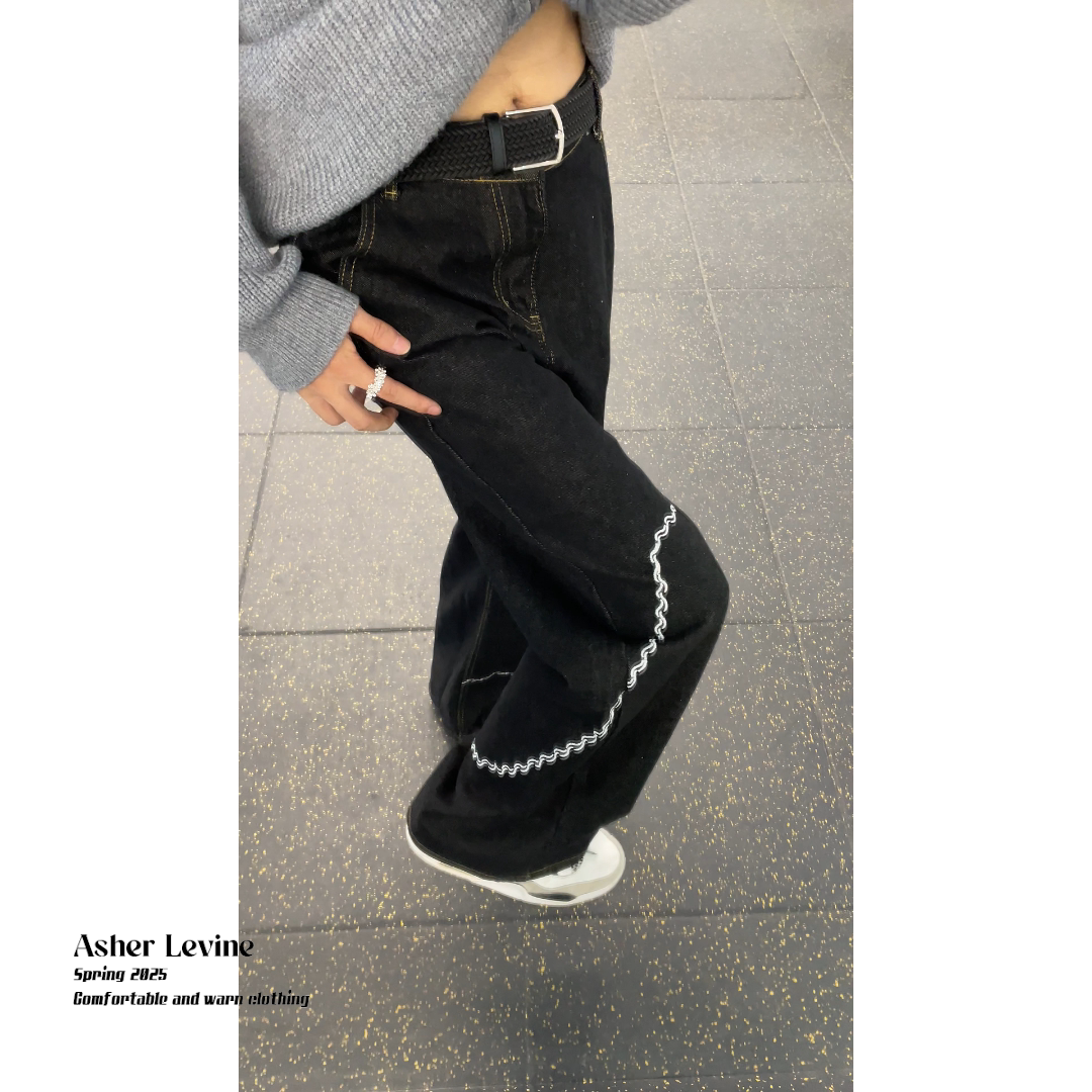 美式潮牌小众设计刺绣黑色牛仔裤男显腿长阔腿裤慵懒复古直筒裤子,男装牛仔裤,星座511-1