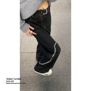 美式潮牌小众设计刺绣黑色牛仔裤男显腿长阔腿裤慵懒复古直筒裤子图片