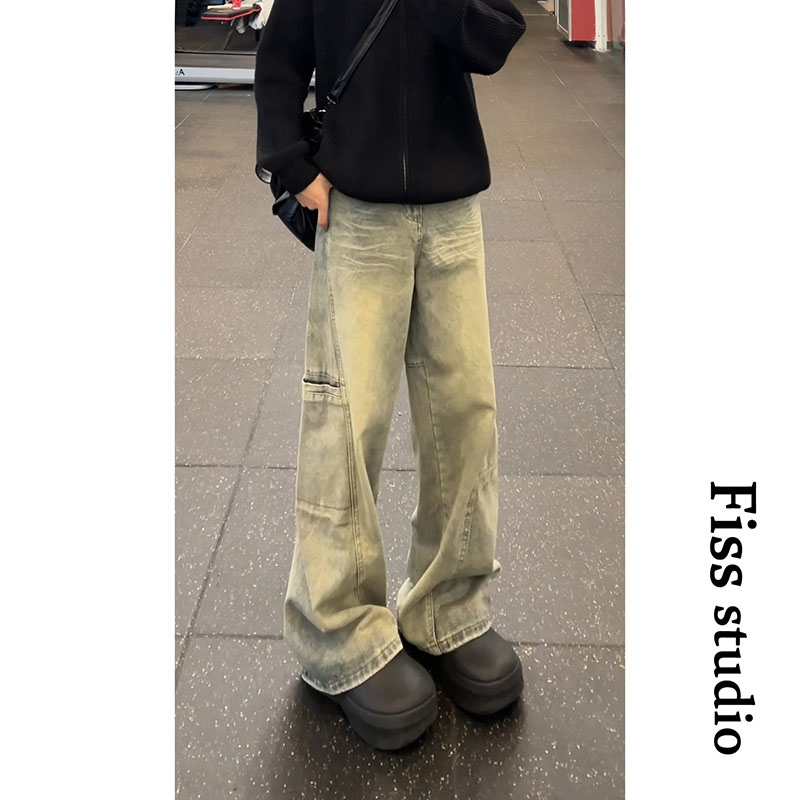 美式新款潮流水洗直筒阔腿工装牛仔裤男女设计感褶皱做旧休闲长裤,男装牛仔裤,星座511-1