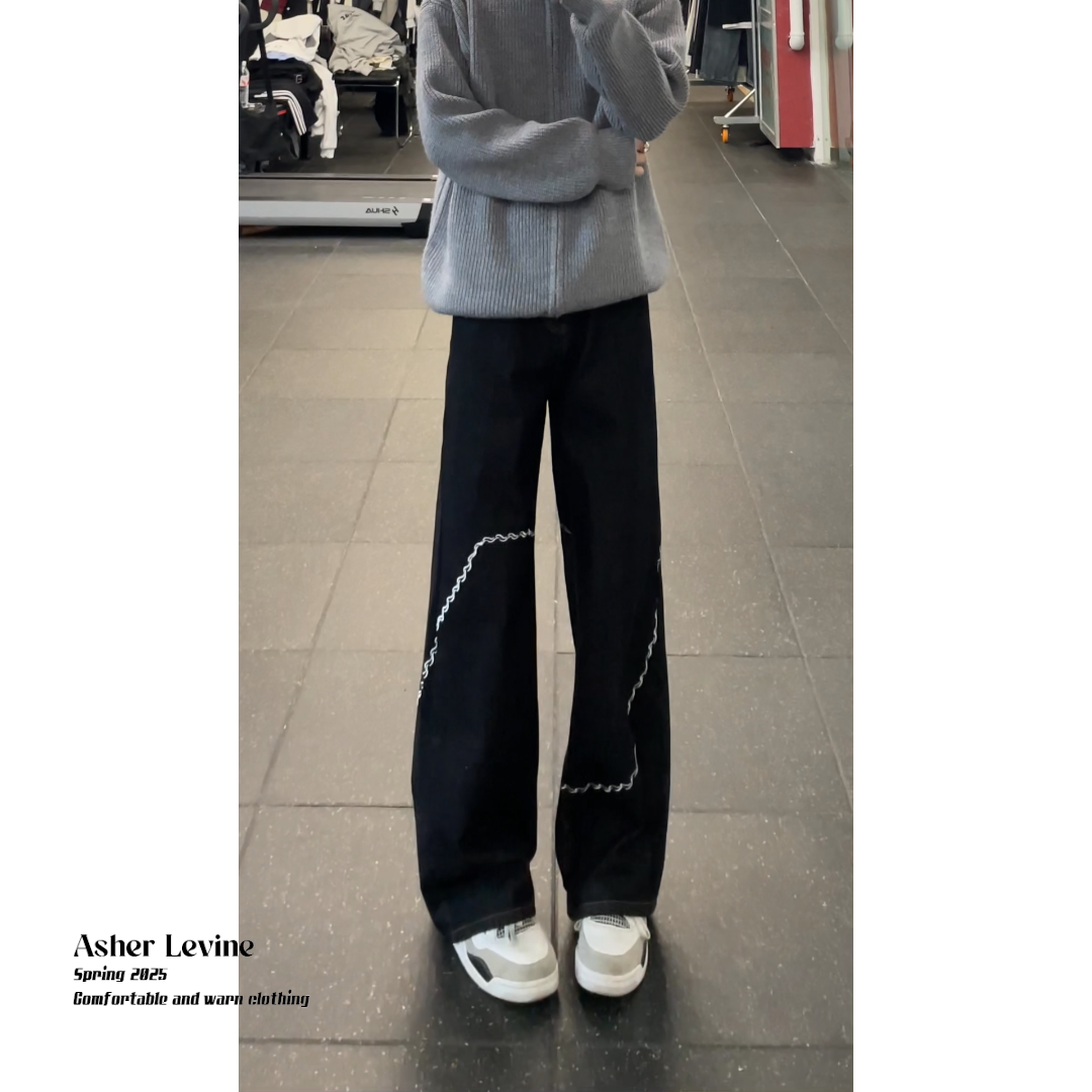 美式潮牌小众设计刺绣黑色牛仔裤男显腿长阔腿裤慵懒复古直筒裤子,男装牛仔裤,星座511-1