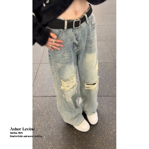 美式vibe高街做旧假破洞牛仔裤男款潮牌复古水洗宽松百搭直筒长裤图片