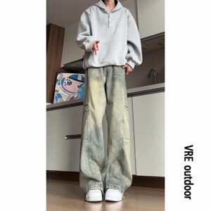 美式新款潮流水洗直筒阔腿工装牛仔裤男女设计感拼接做旧休闲长裤图片