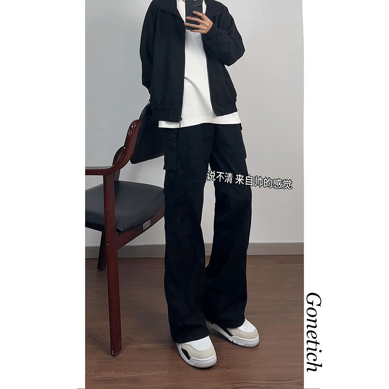 黑色美式复古牛仔工装裤男款秋季高街垂感显瘦裤子直筒修身微喇裤,男装工装外套,星座511-1