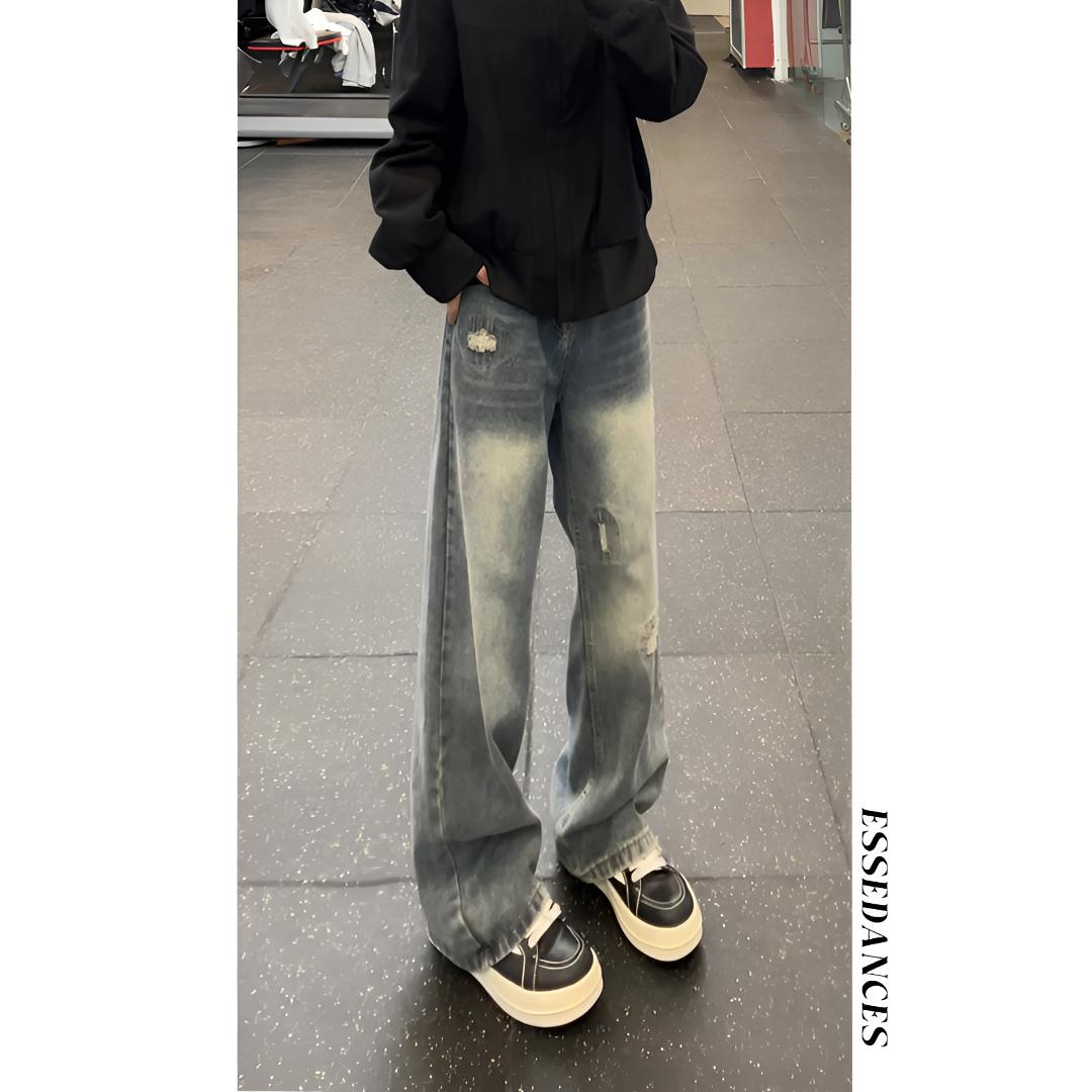 美式设计感破洞牛仔裤男高街做旧水洗vibe宽松直筒裤子,男装牛仔裤,星座511-1