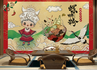 复古国潮柳州螺蛳粉背景装修墙纸广西特色美食创意小吃店壁画壁纸