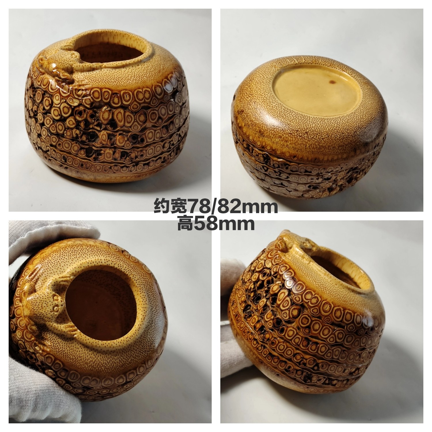 天然虫噬竹根雕呱呱来财摆件手工雕刻文玩收藏水盂笔洗烟灰缸