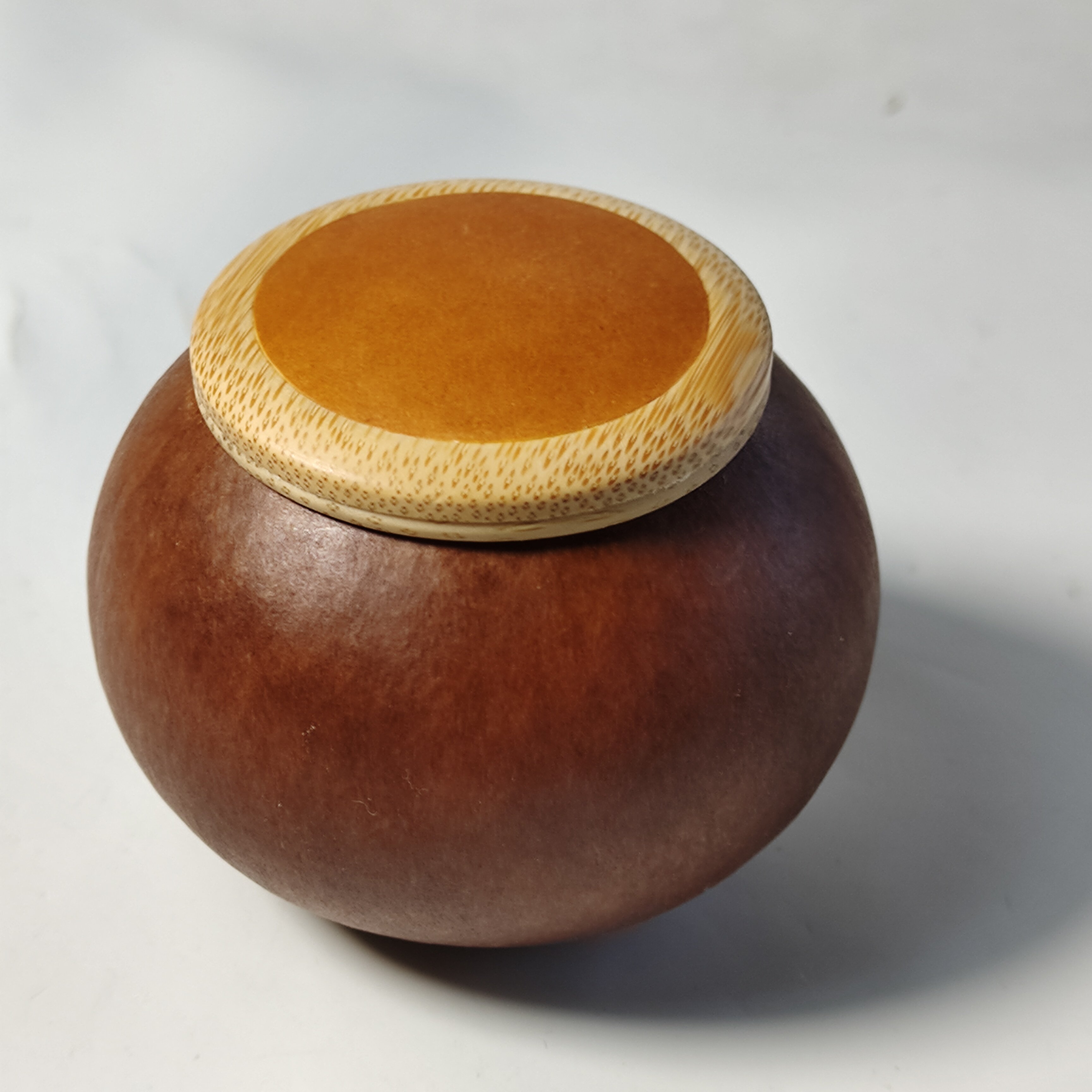精品天然老葫芦红皮玉竹镶葫芦口茶叶罐把玩件文玩工艺品摆件