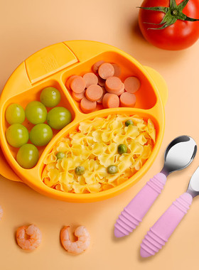 bumkins注水保温吸盘碗分格餐盘硅胶辅食碗儿童餐具不锈钢叉勺