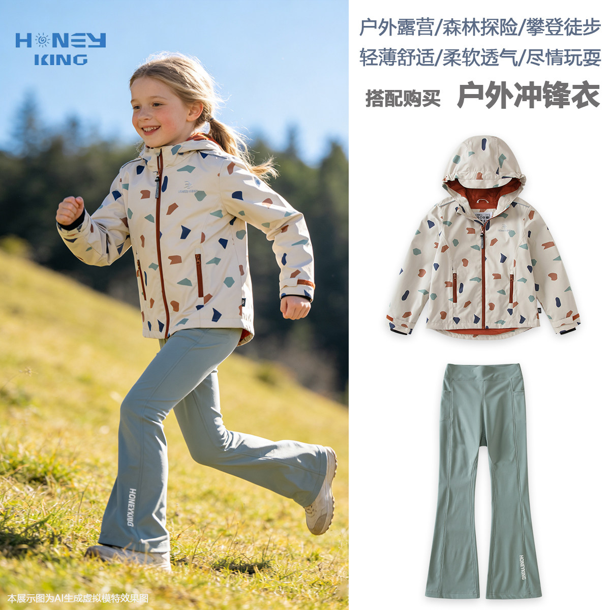 儿童春秋户外冲锋衣外套女大童软壳抓绒薄款休闲夹克瑜伽裤套装