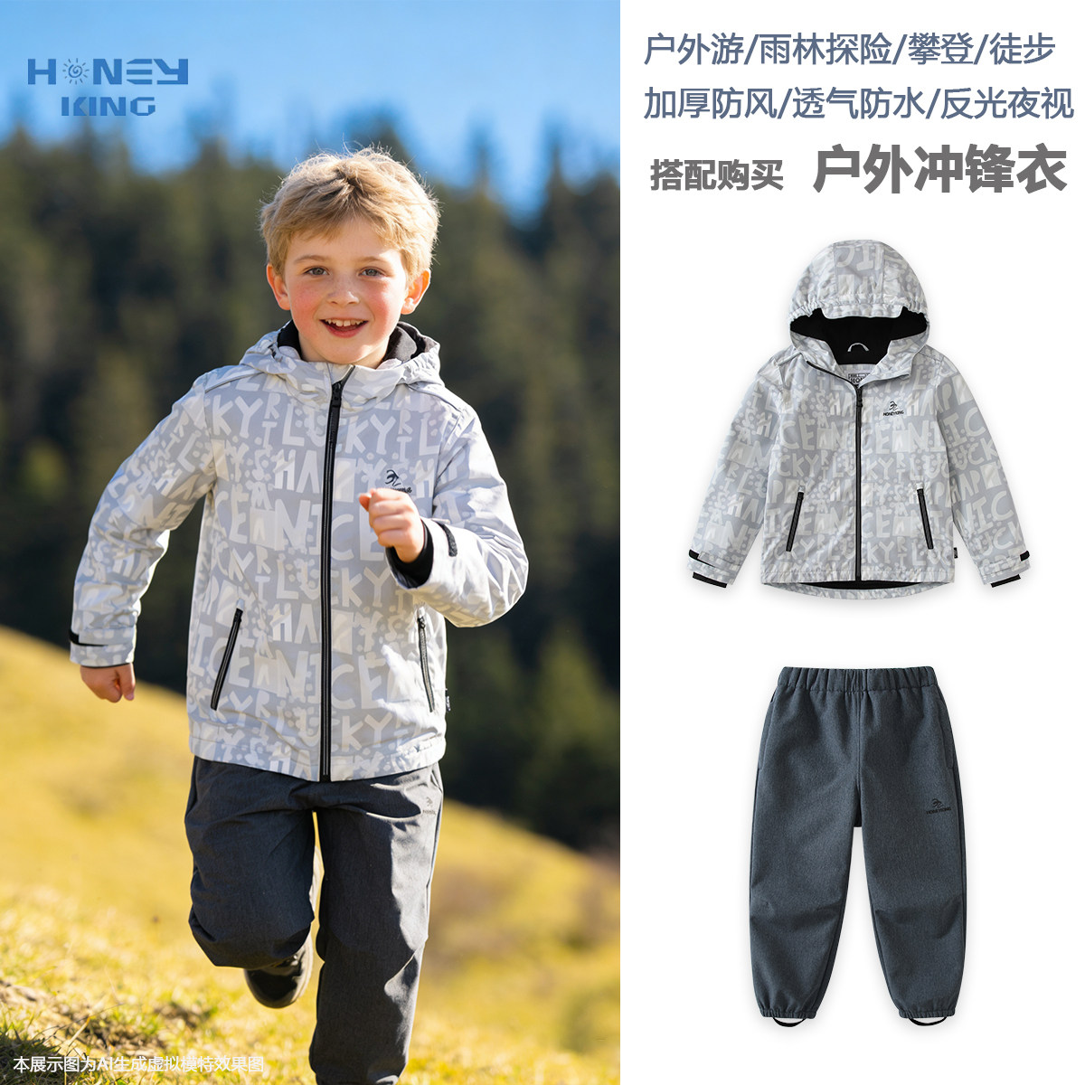 儿童春秋户外冲锋衣外套男中大童软壳字母抓绒薄款休闲裤子套装