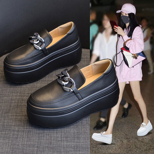 一脚蹬懒人鞋女圆头厚底秋季不累脚女鞋8cm松糕鞋休闲真皮小白鞋
