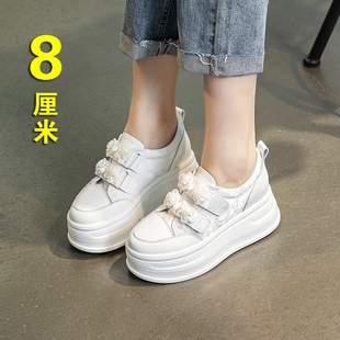 小白鞋女松糕8cm魔术贴厚底鞋甜美百搭绸缎国风女鞋小个子增高鞋