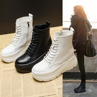 白色靴子女秋款 内增高马丁靴松糕9cm增高短靴 厚底真皮2024年新款