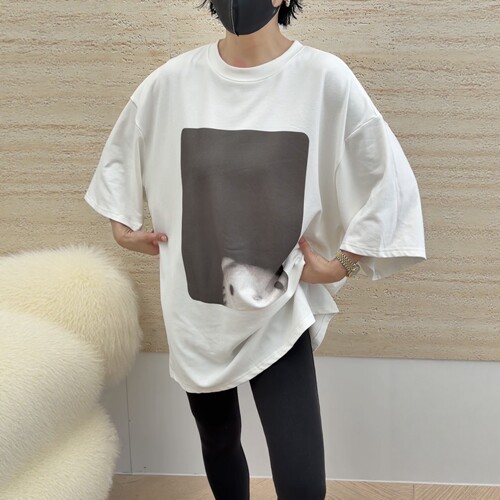 妍西家诗歌兰女装26秋款55188时尚白色卡通猫咪短袖T恤大版可退换