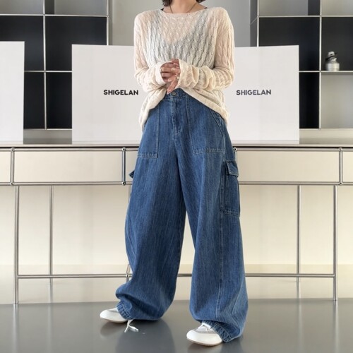妍西家 诗歌兰女装26秋款欧货3871时尚蓝色阔腿牛仔工装裤可退换