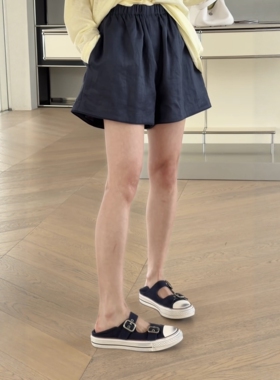 妍西家 诗歌兰女装26夏97时尚深蓝色松紧腰休闲短裤苎麻百搭舒适