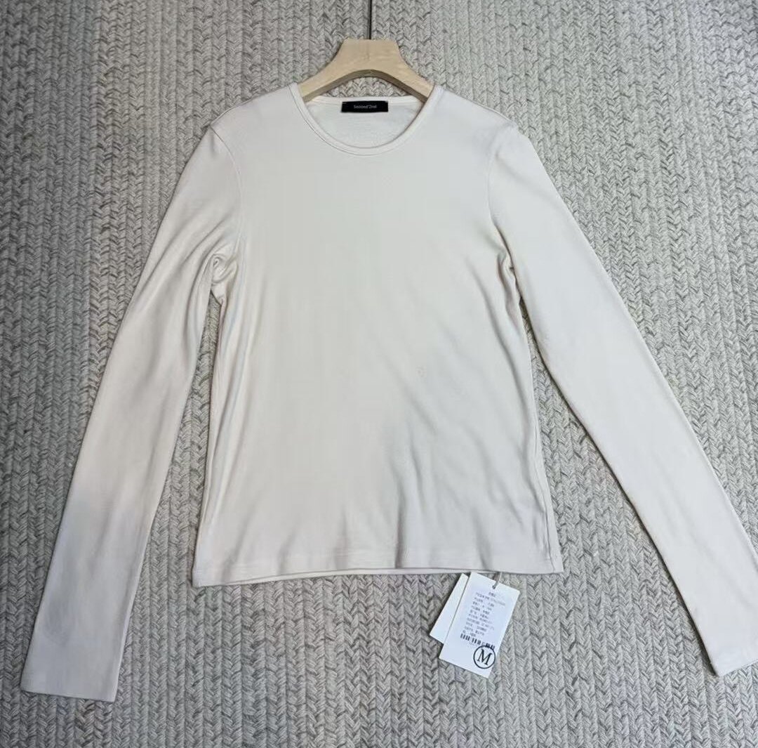 妍西家 Second 2nd25秋冬款时尚百搭米色圆领长袖打底衫T恤女