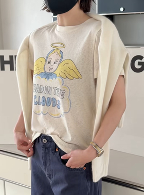 妍西家 诗歌兰女装26早春新款Z47百搭米黄色印花天使图案短袖T恤