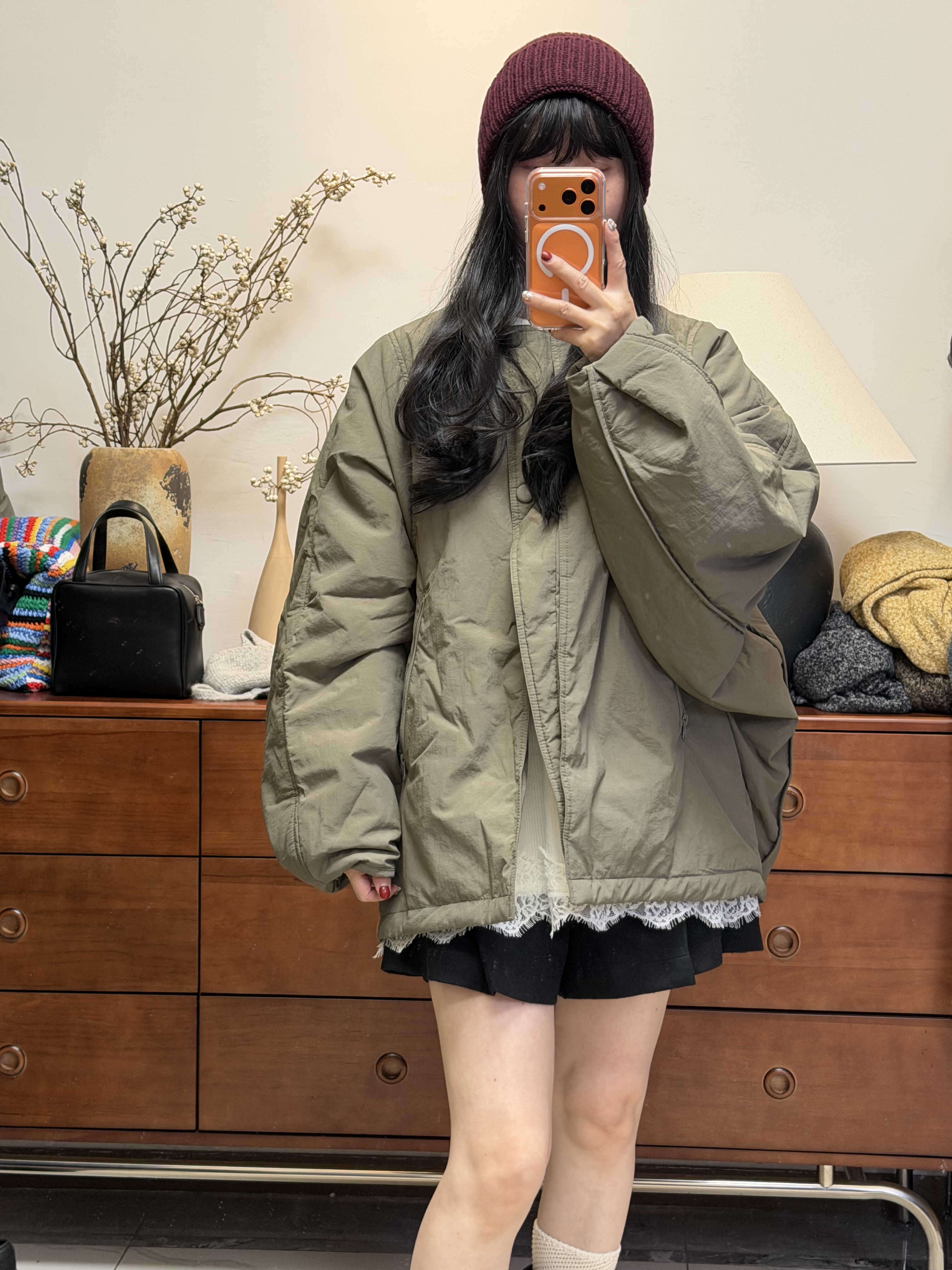 妍西家 Second  2nd冬款时尚百搭浅绿色圆领宽松袖褶皱棉服外套女