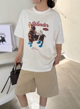 妍西家 诗歌兰女装26夏款26259时尚白色圆领短袖T恤腊肠狗狗可退
