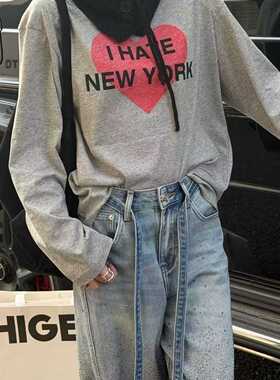 妍西家 诗歌兰女装26早春新款Z73时尚灰色印花字母爱心长袖T恤女