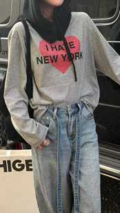 妍西家 诗歌兰女装26早春新款Z73时尚灰色印花字母爱心长袖T恤女