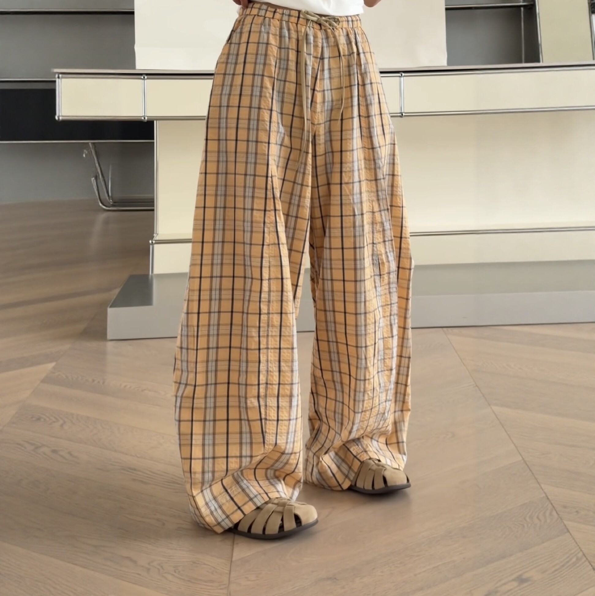 妍西家 诗歌兰女装26夏5148时尚橘色格子抽绳阔腿裤休闲裤可退换