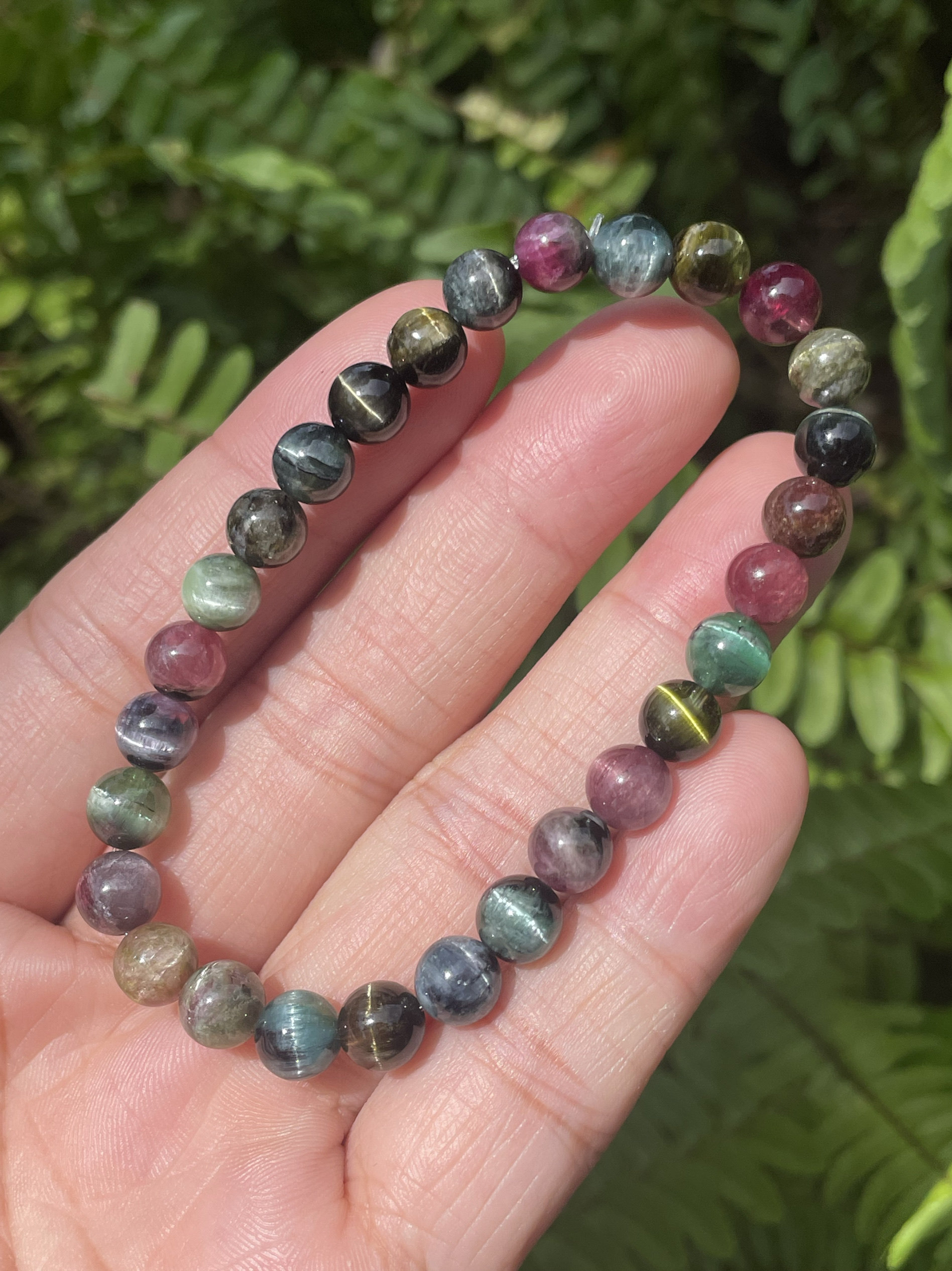 天然西瓜碧玺猫眼手链女款单圈红蓝绿七彩猫眼石水晶手串转运女士