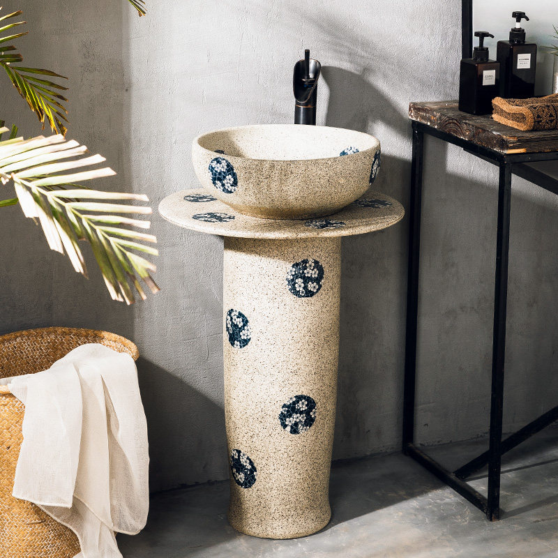 手绘青花洗手台盆一体立柱式洗脸盆池家用落地式室外庭院户外柱盆