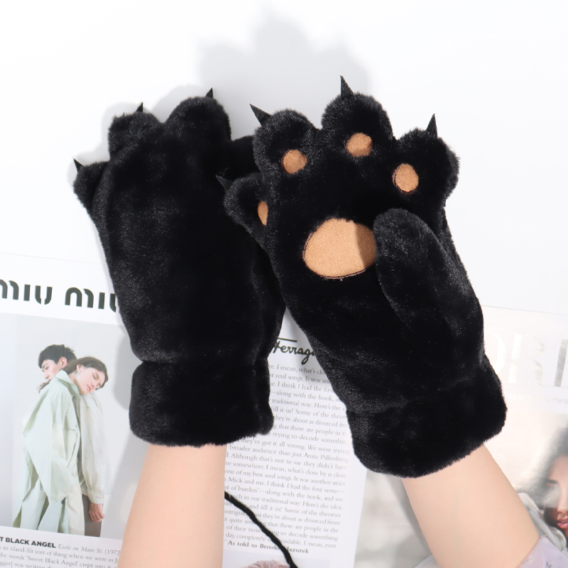 手套冬女全包指韩版猫爪兔绒加厚绒可爱儿童学生熊掌毛绒手套