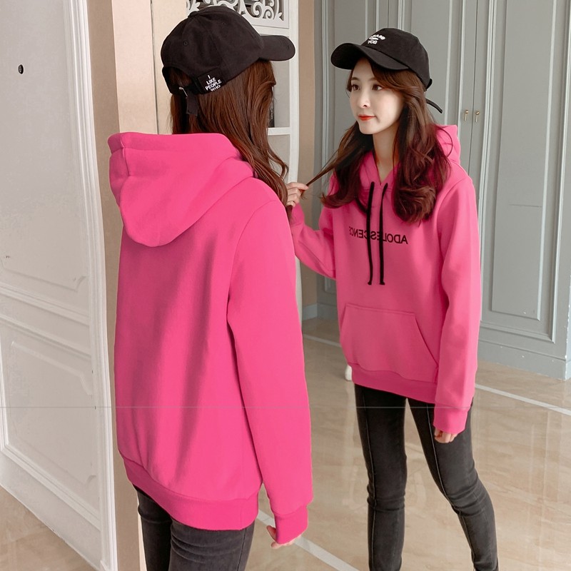 新款连帽卫衣女2025宽松上衣潮大码胖mm春秋薄款加绒加厚玫红外套