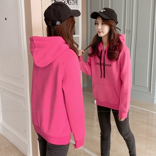 新款连帽卫衣女2025宽松上衣潮大码胖mm春秋薄款加绒加厚玫红外套