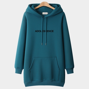 2025年大码中长款卫衣女胖mm长袖套头加绒加厚宽松秋冬连帽外套潮