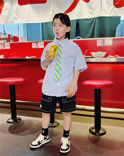 C位出道 no退换 夏季 假领带纯棉儿童短袖 亲子潮 衬衫 6折捡漏