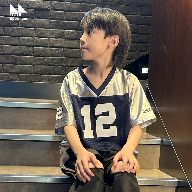 JAC梦想家童装◆日系闪银网布拼接儿童速干球服宽松运动服男童T恤