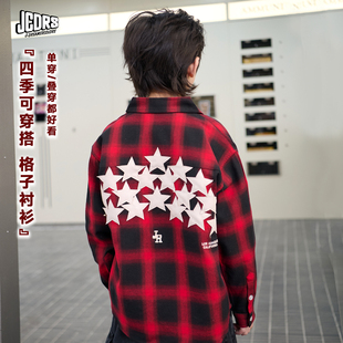 亲子装 直播间秒杀 星星拼皮刺绣儿童富贵男童红格子衬衫