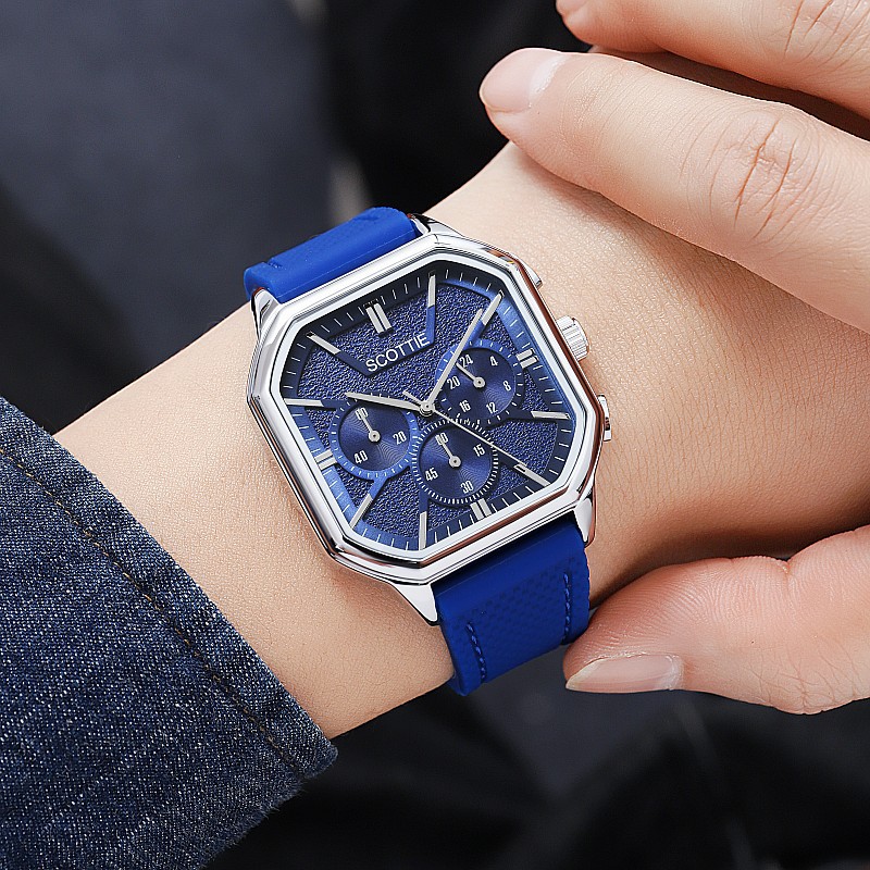 诗高迪时尚大表盘个性方形手表男皮带气质三眼多功能潮流男士手表