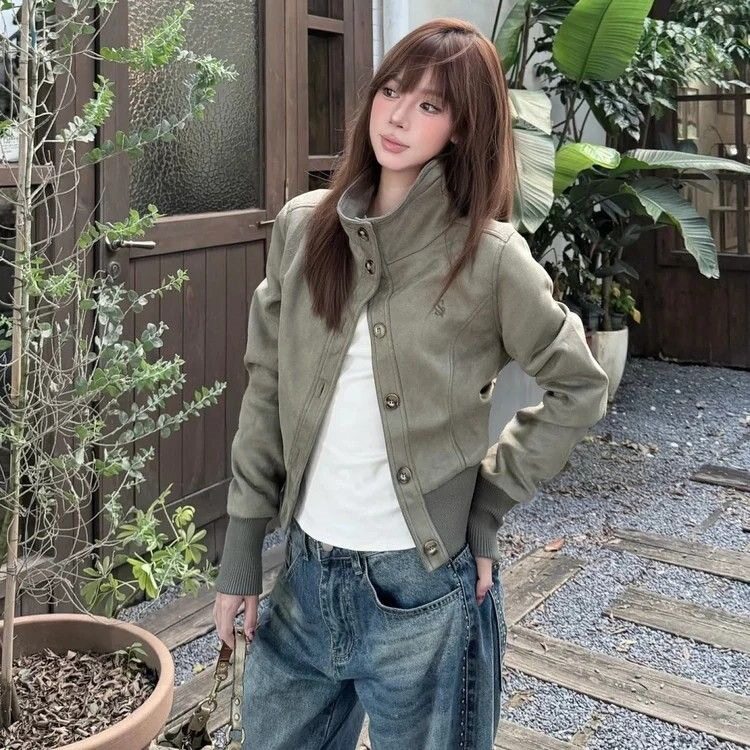 美式复古短款立领麂皮质感夹克女春秋休闲百搭收腰显瘦设计感外套