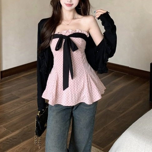 微胖MM美式甜美波点粉色吊带裹胸衫女2026夏季黑色针织开衫两件套