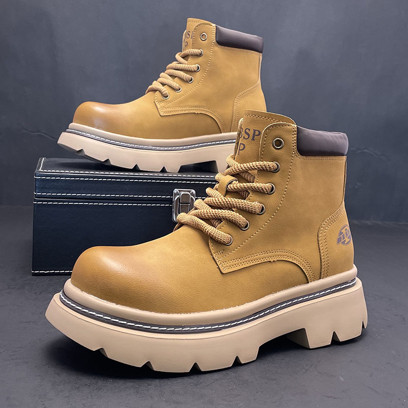 马丁靴男士厚底冬季新款中帮英伦风时尚大黄靴内增高软皮切尔西靴