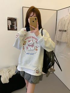 长袖 3553 宽松韩版 猫咪刺绣翻领假两件中长款 套头卫衣 加绒加厚