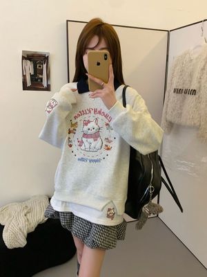 3553（加绒加厚）猫咪刺绣翻领假两件中长款宽松韩版长袖套头卫衣