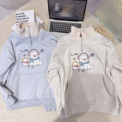 6501西高地狗狗刺绣加绒加厚毛毛半高领半拉链卫衣女套头百搭卫衣