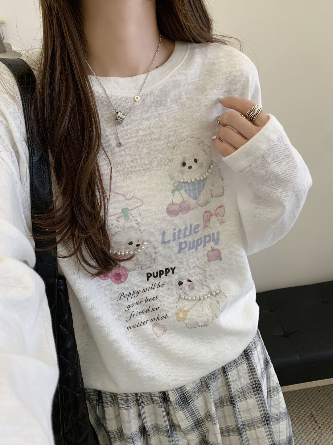 珍珠项链狗狗钉珠圆领长袖女T恤韩版宽松百搭显瘦打底女T恤休闲T