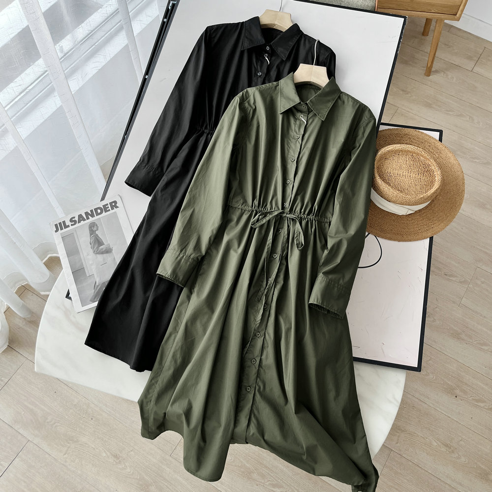 系带收腰长袖中长衬衫式连衣裙