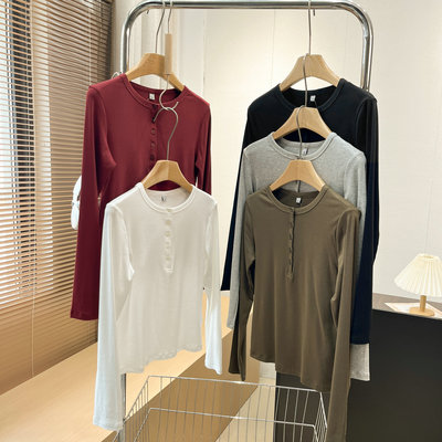 日单！显身材!2026春秋螺纹半开襟亨利领长袖修身T恤女打底衫上衣