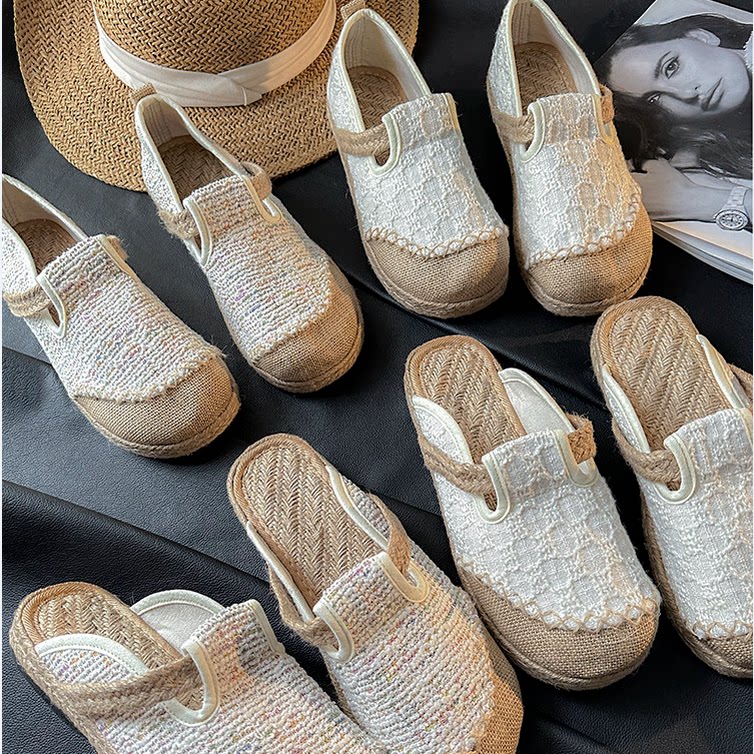 出口单！2026春夏新款小香风时尚棉麻一脚蹬渔夫鞋女平底拖鞋女鞋