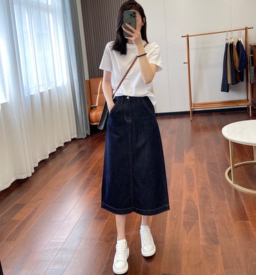 后开叉牛仔裙半身裙女高腰中长裙
