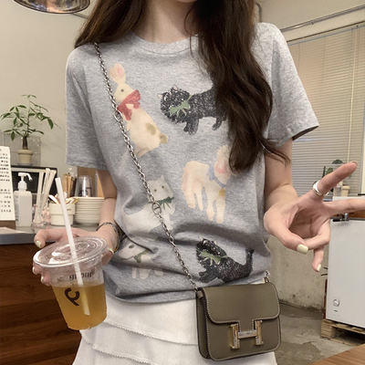 韩系卡通可爱猫咪印花圆领短袖T恤女2025夏新款ins风宽松打底上衣