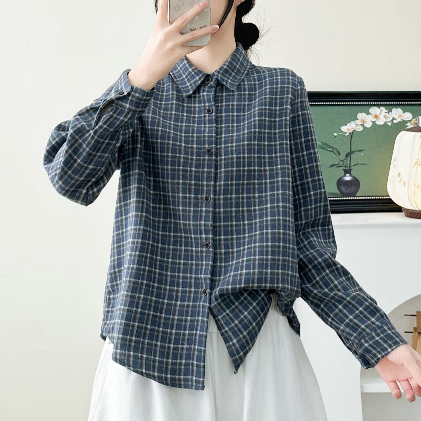 韩系时尚复古长袖格子衬衫女2026春秋季宽松显瘦百搭上衣格纹衬衣,女装/女士精品,衬衫,淘宝优惠券,粉丝福利购,淘宝优惠卷